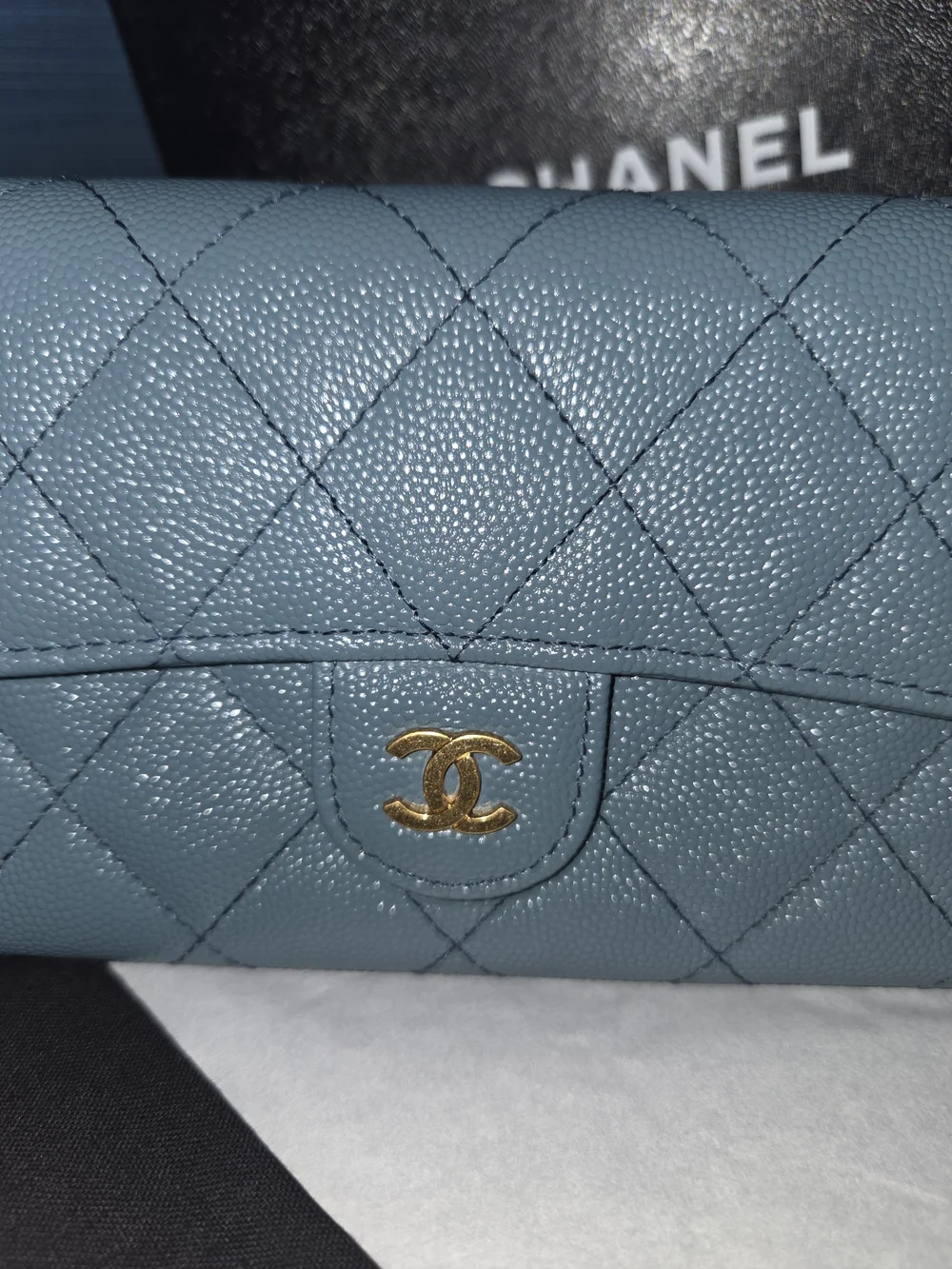 Chanel Quilted Caviar Leather Long Wallet in Light Slate Blue